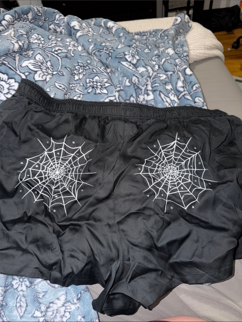 PINK Victoria's Secret Black Sleep Shorts with White Spiderweb Print